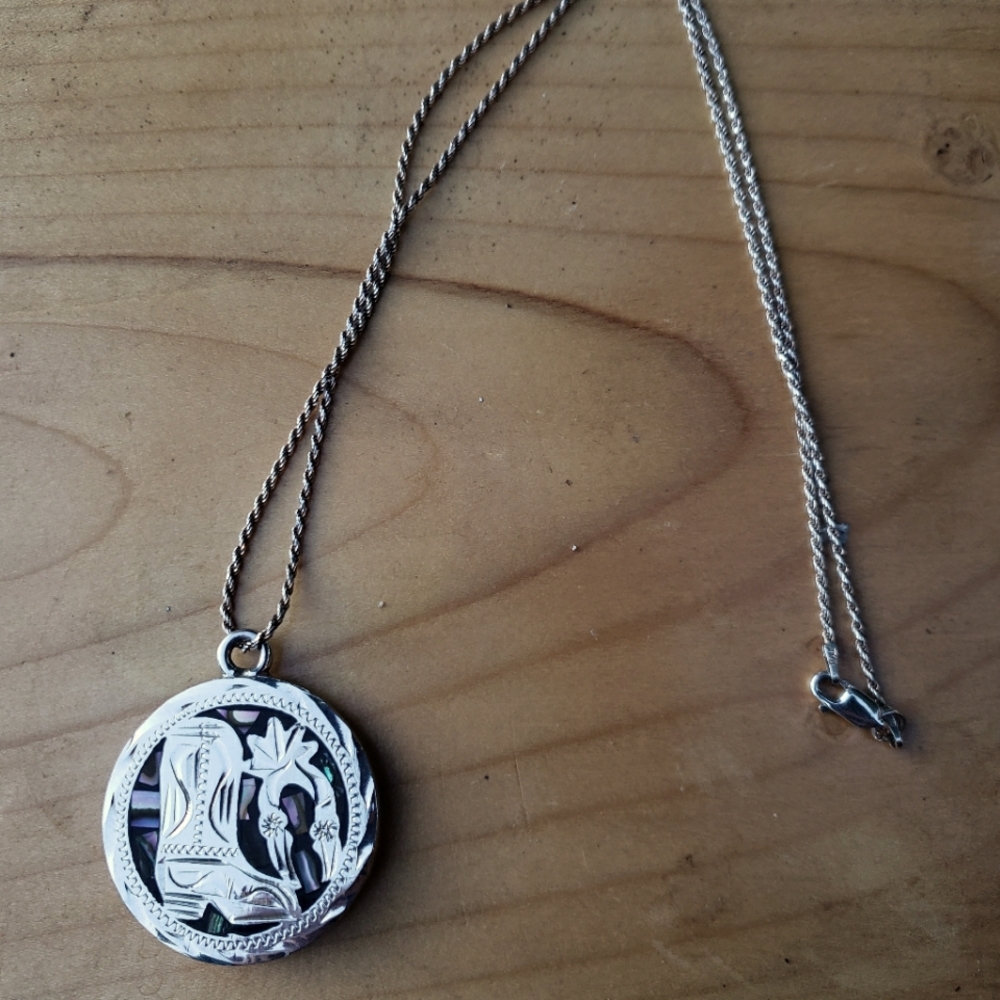 Sterling Silver and Abalone Mexican Vaqueros art necklace from Guadalajara